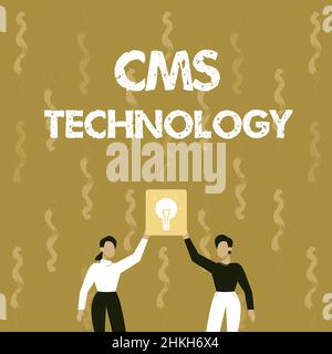Inspiration mit Zeichen CMS-Technologie. Geschäftskonzept-Programme, mit denen digitale Inhalte erstellt und verwaltet werden zwei Kollegen Holding Lamp Stockfoto