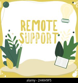 Schreiben mit Anzeige von Text Remote Support. Word, das auf geschrieben wurde, hilft Endbenutzern, Computerprobleme und -Probleme aus der Ferne zu lösen, umgeben von Textrahmen Stockfoto