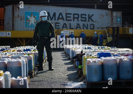 Cartagena, Kolumbien. 04th. Februar 2022. Mitglieder der kolumbianischen Anti-Betäubungsmittelpolizei beschlagnahmen eine Ladung Melasse, die mit Kokain vermischt war und am 4. Februar 2022 am Schiffsfrachtterminal in Cartagena, Kolumbien, nach Valencia in Spanien geschickt wurde. Die Drogenfracht wird vom Golfclan 'Clan del Golfo' als gesendet bezeichnet.Kredit: Long Visual Press/Alamy Live News Stockfoto