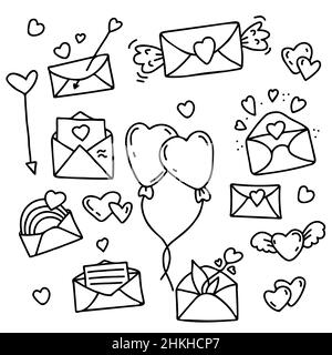 Satz von linearen Handzeichnungen mit Liebesbriefen, Umschlägen, Luftballons und Herzen, Kupidpfeil, Buchstaben mit Blumen und Regenbogen. Vektorgrafik. Ist Stock Vektor