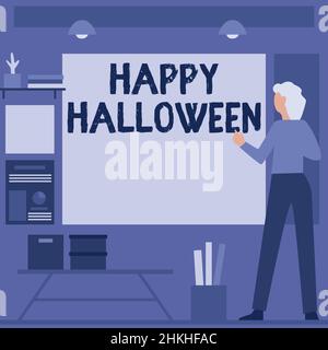 Handschriftenschild Happy Halloween. Wort geschrieben am Abend vor den christlichen heiligen Tagen des Allerheiligsten Tages Geschäftsfrau Casual Standing Presenting Stockfoto