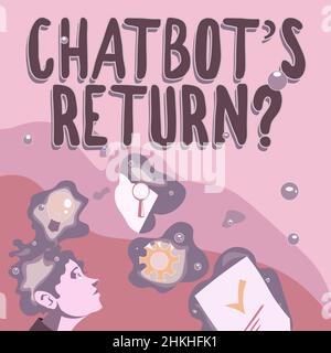 Konzeptionelle Anzeige Chatbot s ist Return Question. Wort für Programm, das kommunizieren, verwenden Sie Text-Schnittstelle und AI Illustration eines Mannes stehend kommen Stockfoto