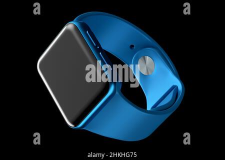Edelstahluhr mit blauem Lederarmband isoliert auf schwarzem Hintergrund. 3D-Rendering-Konzept von Wearable Device Health und Fitness Tracker Stockfoto