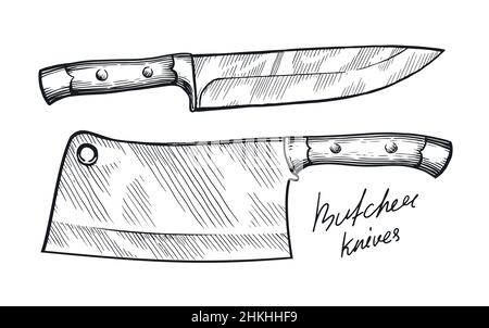 Schneidmesser für Küche und Fleisch. Werkzeuge für Köche und Metzger von Cleaver. Skizze Vintage Vektor Illustration Stock Vektor