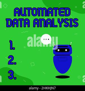 Konzeptionelle Darstellung automatisierte Datenanalyse. Wort geschrieben über automatische Entscheidungsfindung auf Basis von Big Data Illustration von Cute Floating Robot Telling Stockfoto