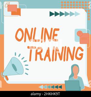 Handschriftschild Online-Schulung. Business-Ansatz Nehmen Sie das Bildungsprogramm von der elektronischen Mittel Frau Zeichnung sitzen neben Stockfoto