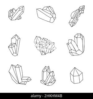 Heilkristalle umreißen Set, handgezeichnete Edelsteine und Mineralien Silhouetten isoliert auf einem weißen Hintergrund. Kontur magische Steine Gesichter Vektordarstellung Stock Vektor