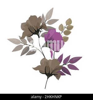 Vektorgrafik mit Blumenmuster. Bouquet von lila und kaffeefarbenen Blumen und Blättern. Stock Vektor