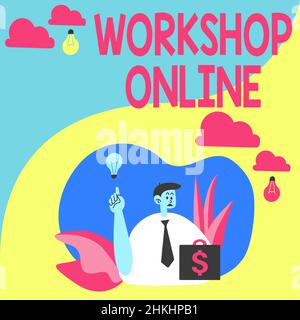 Konzeptunterschrift Workshop Online. Business Showcase Workshop Online Mann sitzt im Park bläst Ballons Denken der neuen Gedanken mit Idea Lamp. Stockfoto