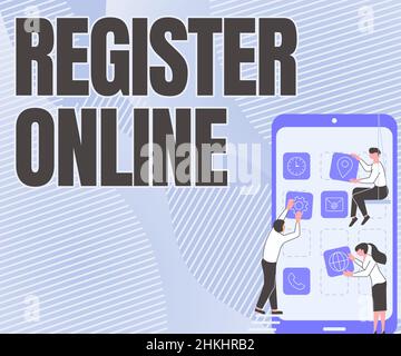 Schild mit der Anzeige Online registrieren. Business Concept offizielle Liste oder Aufzeichnung zeigen oder Dinge im Web oder Forum drei Kollegen tragen S Dekorieren Stockfoto