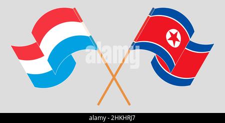 Gekreuzte und winkende Flaggen von Luxemburg und Nordkorea. Vektorgrafik Stock Vektor