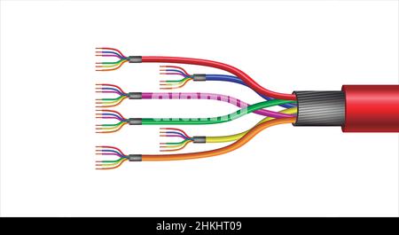 Mehrfarbige Twisted Pair Kupferkabel mit Abschirmungsstruktur. 3D Rendering Vektor realistische Illustration isoliert auf weißem Hintergrund. Stock Vektor