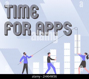 Textunterschrift mit der Zeit für Apps. Wort für den besten Service mit vollem Funktionsumfang, der die Kommunikation beschleunigt Illustration von Partnern, die neue Services aufbauen Stockfoto
