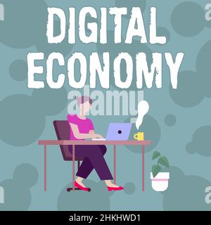 Textunterschrift zur Darstellung der digitalen Wirtschaft. Business Showcase weltweites Netzwerk von wirtschaftlichen Aktivitäten und Technologien Frau sitzt mit Laptop Back Stockfoto