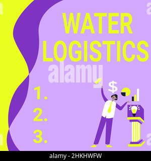 Text mit Inspiration Water Logistics. Geschäftskonzept Wasserlogistik allein stehend präsentiert Charts und neue Finanzideen mit Podium. Stockfoto