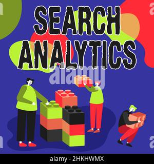 Textzeichen mit Suchanalysen. Internet Concept untersuchen bestimmte Interaktionen zwischen Web-Suchern Kollegen, die Cube representing Stockfoto