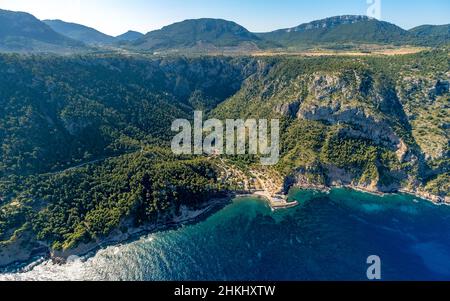 Luftaufnahme, Port de Valldemossa, Tramuntana Mountains, Valldemossa, Mallorca, Balearen, Spanien, Bergrücken, es, Europa, Berge, Berge Stockfoto