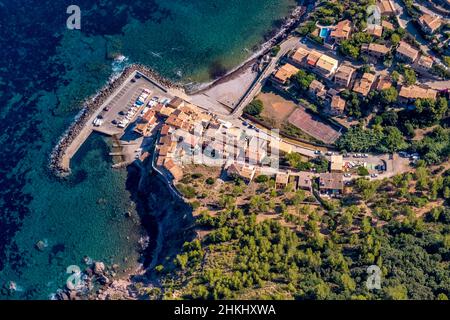 Luftaufnahme, Port de Valldemossa, Port of Valldemossa, Mallorca, Balearen, Spanien, es, Europa, Hafen, Hafengebiet, Hafenübersicht, Luftaufnahme Stockfoto