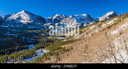 Ein strahlend blauer Himmel über der Kontinentalscheide vom Bierstadt Lake Trail im Rocky Mountain National Park, Colorado aus gesehen. Stockfoto