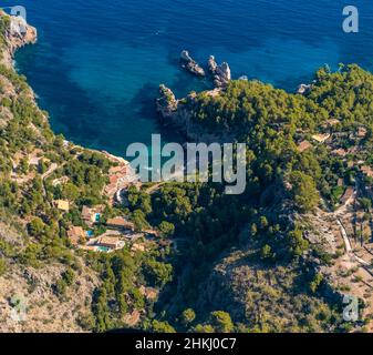 Luftbild, Bucht von Cala de Deià, Mallorca, Balearen, Spanien, Bucht, Es, Europa, Luftaufnahmen, Luftaufnahmen, Mallorca West Region Serra Stockfoto