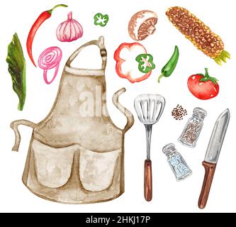 Handgezeichnetes Aquarell-Set aus verschiedenen Objekten für Picknick, Sommer-Essen und Grill - Fleisch und Saucen auf weißem Hintergrund. Stockfoto