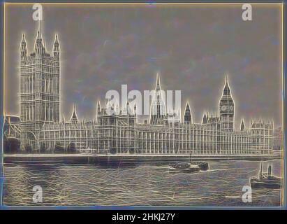 Inspiriert von der Stadtlandschaft von London, Houses of Parliament, einer von sechzehn Lichtdrucken im Cover., Herausgeber: Muchmore Art Co Ltd, United Kingdom, c. 1860 - c. 1915, Papier, Kollotyp, Höhe 203 mm × Breite 277 mm, neu gestaltet von Artotop. Klassische Kunst neu erfunden mit einem modernen Twist. Design von warmen fröhlichen Leuchten der Helligkeit und Lichtstrahl Strahlkraft. Fotografie inspiriert von Surrealismus und Futurismus, umarmt dynamische Energie der modernen Technologie, Bewegung, Geschwindigkeit und Kultur zu revolutionieren Stockfoto