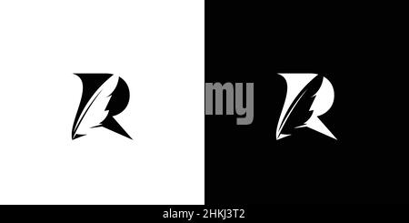 Das anfängliche Logo-Design des Buchstabens R, eine Kombination aus einer Gänsefederfeder, ist einzigartig und attraktiv Stock Vektor