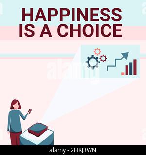 Schreiben mit Text Glück ist Eine Wahl. Geschäftsidee Bleib die ganze Zeit glücklich fröhlich inspiriert motivierte Lady Standing Holding Projector Stockfoto