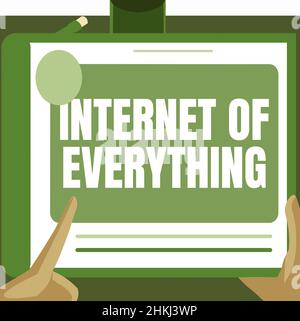 Konzeptionelle Bildunterschrift Internet of Everything. Konzeptuelles Foto-Netzwerk von Dingen interagieren und verbinden sich Illustration einer Hand mit Big Stockfoto