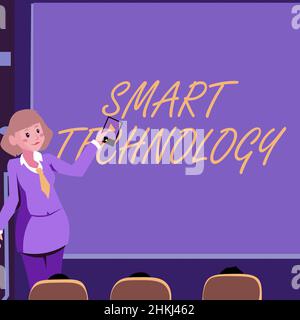 Konzeptunterschrift Smart Technology. Konzept bedeutet Gadgets oder Gerät, das einen eingebauten Computer oder Chip Frau hält Fernbedienung präsentiert hat Stockfoto