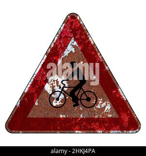 Altes Grunge EU-Straßenschild Warnschild - Radfahrer auf der Straße Stockfoto