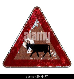 Altes Grunge EU-Straßenschild Warnschild - Haustiere auf der Straße Stockfoto