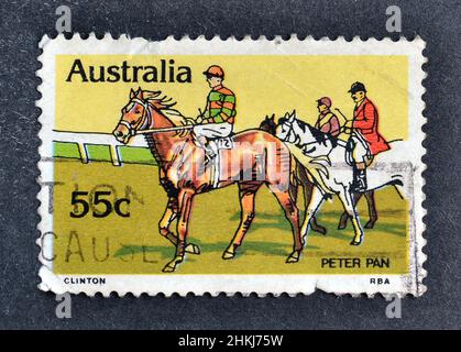 Abgesagte Briefmarke gedruckt von Australien, die Racehorse Peter Pan zeigt, um 1978. Stockfoto