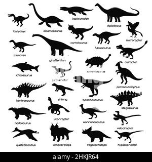 Große Reihe von schwarz-weißen Dinosaurier Silhouetten isoliert auf weißem Hintergrund. Stock Vektor