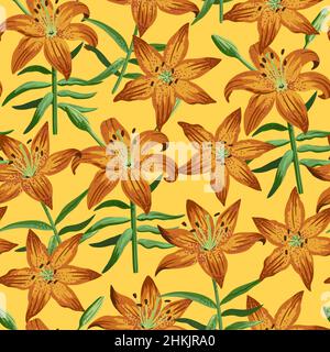 Nahtloses Muster mit Garten-Orange-Lilien in künstlerisch realistischem Stil. Stock Vektor