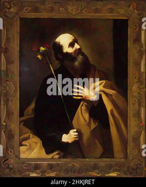 Kunst inspiriert von Saint Joseph mit dem Blumenstab, Jusepe de Ribera, Spanisch, 1591-1652, Öl auf Tafel, Europa, Anfang 1630s, 46 x 35 3/4 Zoll, 116,8 x 90,8 cm, Apokryphen, Glatzen, Bart, Tuch, Draperie, Anfang 1630s, europäisch, Blume, Stirnfalte, Geste, Hände, heilig, joseph, Mann, Klassische Werke, die von Artotop mit einem Hauch von Moderne modernisiert wurden. Formen, Farbe und Wert, auffällige visuelle Wirkung auf Kunst. Emotionen durch Freiheit von Kunstwerken auf zeitgemäße Weise. Eine zeitlose Botschaft, die eine wild kreative neue Richtung verfolgt. Künstler, die sich dem digitalen Medium zuwenden und die Artotop NFT erschaffen Stockfoto