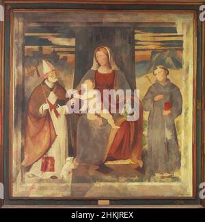 Kunst inspiriert von Jungfrau und Kind zwischen den Heiligen Nikolaus und Augustinus, Girolamo Romanino, Fresko, 81 x 79 1/2 Zoll, 205,7 x 201,9 cm, Klassische Werke, modernisiert von Artotop mit einem Schuss Moderne. Formen, Farbe und Wert, auffällige visuelle Wirkung auf Kunst. Emotionen durch Freiheit von Kunstwerken auf zeitgemäße Weise. Eine zeitlose Botschaft, die eine wild kreative neue Richtung verfolgt. Künstler, die sich dem digitalen Medium zuwenden und die Artotop NFT erschaffen Stockfoto