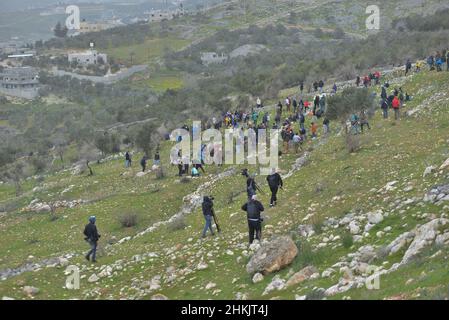 Burin, Palästina. 04th. Februar 2022. Hunderte von israelischen und palästinensischen Friedensaktivisten hatten im palästinensischen Dorf Burin, unterhalb des jüdischen illegalen Außenpostens von Givát Ronen, Olivenbäume gepflanzt. Zwei Wochen vor der Veranstaltung wurde eine Gruppe jüdischer Friedensaktivisten, die zur Olivenplantage eintrafen, von der Jugend von Givát Ronen gewaltsam angegriffen. Heute hatten sich die IDF-Truppen zwischen den Aktivisten und den Siedlern getrennt. Ein israelischer Aktivist wurde während der Veranstaltung verhaftet. Burin, Palästina. Februar 04th 2022. (Foto von Matan Golan/Alamy Live News) Quelle: Matan Golan/Alamy Live News Stockfoto