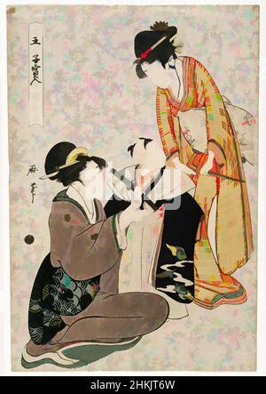 Art Inspired by Picture of First Pant Fitting, aus der Serie Collection of Precious Children of Shichigosan Festival, Kitagawa Utamaro, japanisch, 1753-1806, Farbholzschnitt auf Papier, Japan, ca. 1796, Edo-Periode, 15 1/2 x 10 5/8 Zoll, 39,3 x 27 cm, Asiatische Kunst, Junge, Dressing, Edo, Klassische Werke, die von Artotop mit einem Hauch von Moderne modernisiert wurden. Formen, Farbe und Wert, auffällige visuelle Wirkung auf Kunst. Emotionen durch Freiheit von Kunstwerken auf zeitgemäße Weise. Eine zeitlose Botschaft, die eine wild kreative neue Richtung verfolgt. Künstler, die sich dem digitalen Medium zuwenden und die Artotop NFT erschaffen Stockfoto