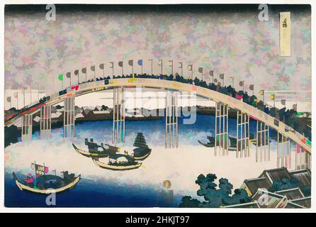 Kunst inspiriert von der Tenman-Brücke in der Provinz Settsu, aus der Serie Remarkable Views of Bridges in Various, aus der Serie: 'Views of the Bridges of Various Provinces', Katsushika Hokusai, japanisch, 1760-1849, Farbholzschnitt auf Papier, Japan, ca. 1834, Edo-Zeit, 9 13/16 x 14, Klassisches Werk, modernisiert von Artotop mit einem Schuss Moderne. Formen, Farbe und Wert, auffällige visuelle Wirkung auf Kunst. Emotionen durch Freiheit von Kunstwerken auf zeitgemäße Weise. Eine zeitlose Botschaft, die eine wild kreative neue Richtung verfolgt. Künstler, die sich dem digitalen Medium zuwenden und die Artotop NFT erschaffen Stockfoto