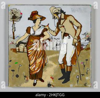 Kunst inspiriert von Fliesen, Transferdruck, polychromiert, glasierte Steingut, ca. 1890, 6 x 6 x 5/16 Zoll, 15,2 x 15,2 x 0,8 cm, britisch, ca. 1890, umwerben, Dandy, flirt, Blumen, glasierte Steinwaren, Männer- und Frauenfiguren, polychromiert, Regency, Fliesen, Transferdruck, Walter T. Crane, wo, Classic Works modernisiert von Artotop mit einem Schuss Moderne. Formen, Farbe und Wert, auffällige visuelle Wirkung auf Kunst. Emotionen durch Freiheit von Kunstwerken auf zeitgemäße Weise. Eine zeitlose Botschaft, die eine wild kreative neue Richtung verfolgt. Künstler, die sich dem digitalen Medium zuwenden und die Artotop NFT erschaffen Stockfoto