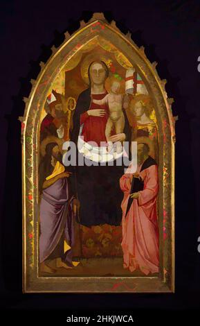 Kunst inspiriert von Madonna mit Kind auf dem Thron mit den Heiligen Zenobius, Johannes dem Täufer, Reparata und Johannes dem Evangelisten, Nardo di Cione, Italienisch, Florentine, aktiv 1343-1356/1366, Tempera und Gold auf Platte, Italien, Mitte 14th Jahrhundert, 77 1/2 x 39 1/2 Zoll, 196,9 x 100,3 cm, Artaud de, Klassische Werke, die von Artotop mit einem Schuss Moderne modernisiert wurden. Formen, Farbe und Wert, auffällige visuelle Wirkung auf Kunst. Emotionen durch Freiheit von Kunstwerken auf zeitgemäße Weise. Eine zeitlose Botschaft, die eine wild kreative neue Richtung verfolgt. Künstler, die sich dem digitalen Medium zuwenden und die Artotop NFT erschaffen Stockfoto