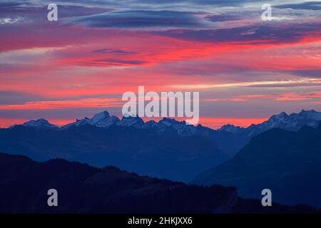 Blick auf den Sonnenaufgang über den Berner Alpen von Niederhorn, Schweiz, Berner Oberland, Beatenberg Stockfoto