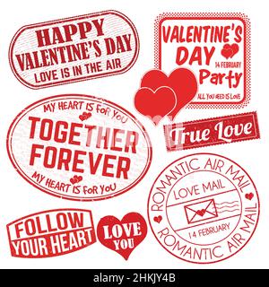Romantische Briefmarken. Ein Satz Grunge-Marken zum Valentinstag auf weißem Hintergrund, Vektorgrafik Stock Vektor