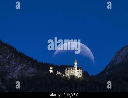 Schloss Neuschwanstein mit aufsteigendem Mond, Komponieren, Deutschland, Bayern, Allgäu Stockfoto