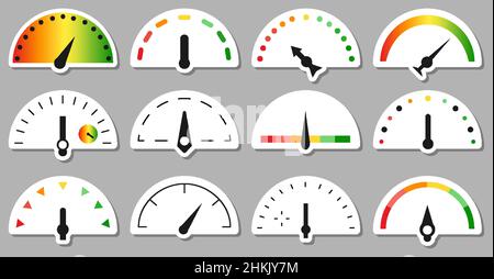 Geschwindigkeitsmesser und Anzeigen, Aufkleber Skalen-Schablone Symbol auf grauem Hintergrund isoliert gesetzt. Sammlung von Bewertungen mit verschiedenen Formen von Pfeilen. Zeichen für schnelle und langsame Geschwindigkeit. Vektorgrafik Stock Vektor