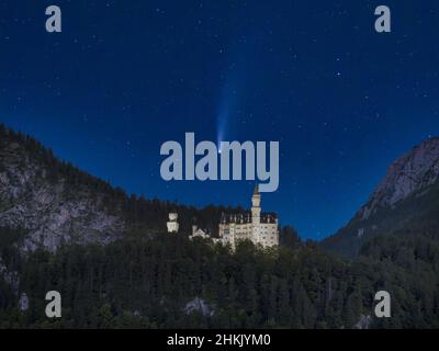 Schloss Neuschwanstein bei Nacht mit Komet, Deutschland, Bayern, Allgäu Stockfoto