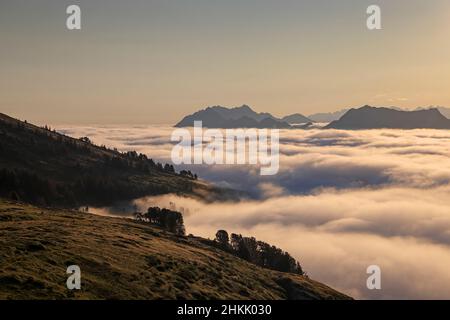 Blick vom Niederhorn auf Wolken im Tal am Morgen, Schweiz, Berner Oberland, Beatenberg Stockfoto