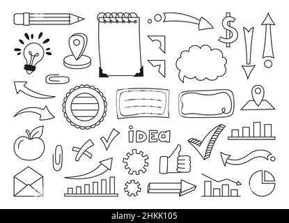 Handgezeichnetes Skizzenset für Social Media-Doodle. Linienelemente Firma, Kontaktkommunikation, Diagramm- und Diagrammsymbole und Symbol. Wirtschaft, Studium, Kreativität und Arbeit Internet doodles Vektor-Konzept Stock Vektor