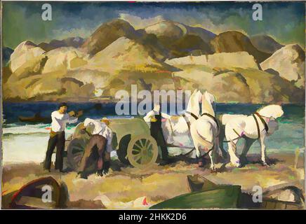 Art inspired by the Sand Cart, George Wesley Bellows, American, 1882-1925, Öl auf Leinwand, 1917, 30 1/4 x 44 1/16 Zoll, 76,8 x 111,9 cm, blau, Boot, braun, Wagen, Karren, grün, Pferde, Arbeiter, Berge, Malen, Sand, Ufer, Schaufel, Wasser, Rad, weiß, Classic Works modernisiert von Artotop mit einem Schuss Moderne. Formen, Farbe und Wert, auffällige visuelle Wirkung auf Kunst. Emotionen durch Freiheit von Kunstwerken auf zeitgemäße Weise. Eine zeitlose Botschaft, die eine wild kreative neue Richtung verfolgt. Künstler, die sich dem digitalen Medium zuwenden und die Artotop NFT erschaffen Stockfoto